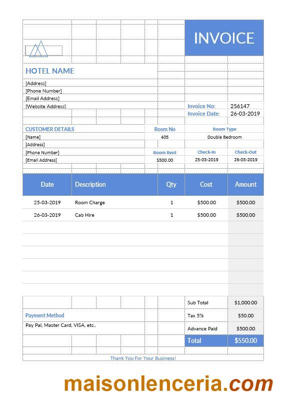 Szablon faktury za pobyt w hotelu w formatach Word i PDF
